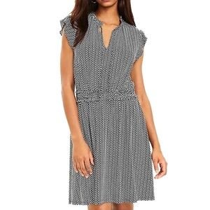 LOFT Dress Rayon Geo Ruffle Flutter Cap Sleeve Smocked Shirred Keyhole Neck S-M